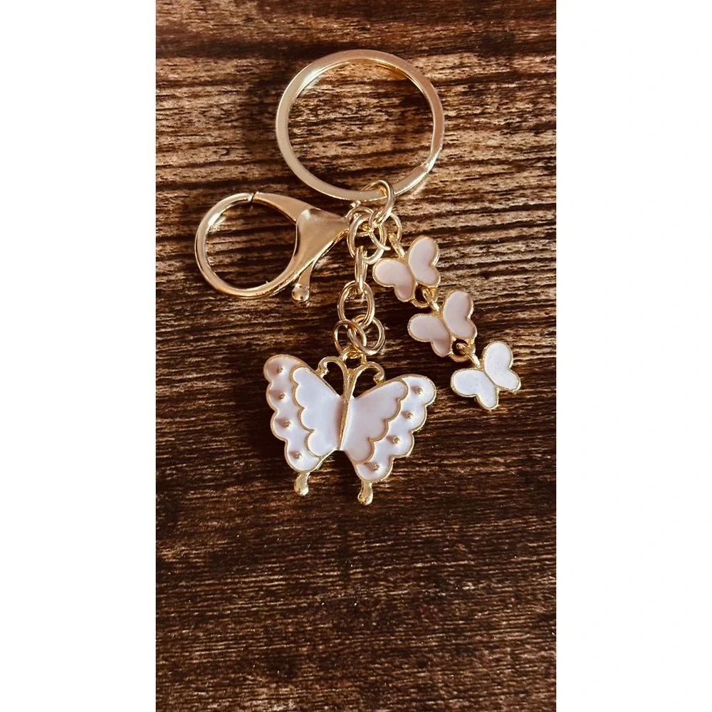 Pink Enamel Butterfly Keychain Gold Tone Lobster Clasp Bag Charm New